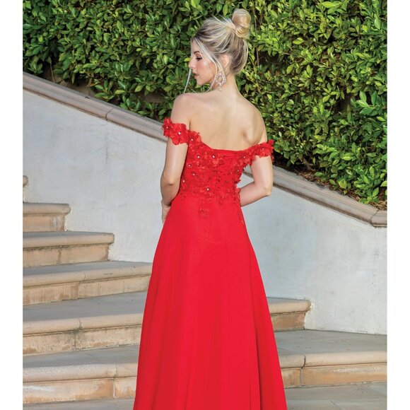 New Off Shoulder Long A-Line Floral Dress w/ Leg Slit & Lace Up Back DQ 4268 - Picture 4 of 9